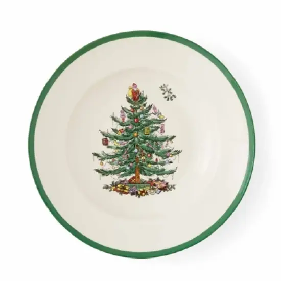 Spode Christmas Tree 9" Soup Plate (Set of 4) - Stoneware Soup Bowls with Festive Tree Design & Green Rim - Microwave & Dishwasher Safe image {1}