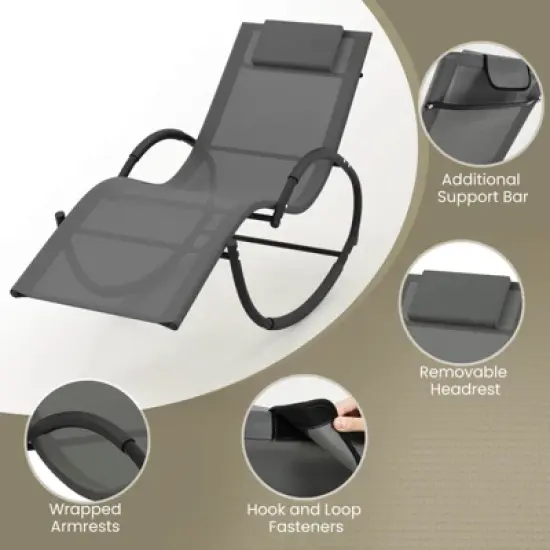 Costway 1/2 PCS Outdoor Rocking Lounge Chair with Removable Headrest Breathable Backrest & Seat Grey image {5}
