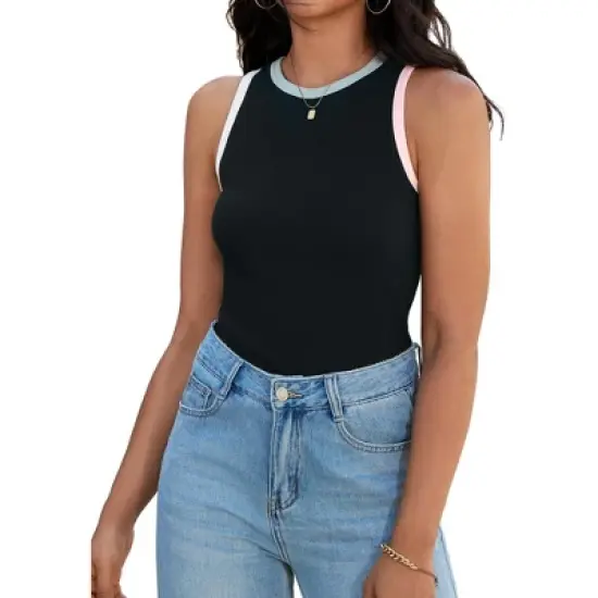 ATHLECHIC Women's Ribbed Summer Crew Neck Sleeveless Casual Fitted Tank Tops image {5}