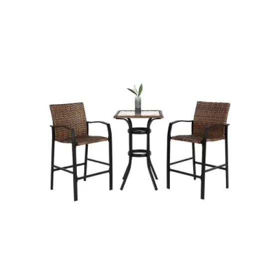 3 Piece Rattan Outdoor Patio Bar Stools Set,Glass Coffee Table with 2 Bar Chairs Set,Wicker Patio Garden Bistro Set for Balcony Deck-Coolbibila image {2}