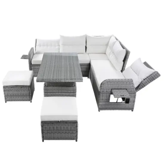 FIONECA Outdoor Patio Rattan Furniture Set, Recliners with Adjustable Table & Ottomans, Extendable Side Tables, Beige image {9}