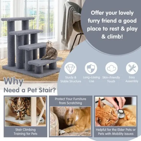 Tangkula 24" 4-Step Pet Stairs Carpeted Ladder Ramp 8 Scratching Post Cat Tree Climber image {6}