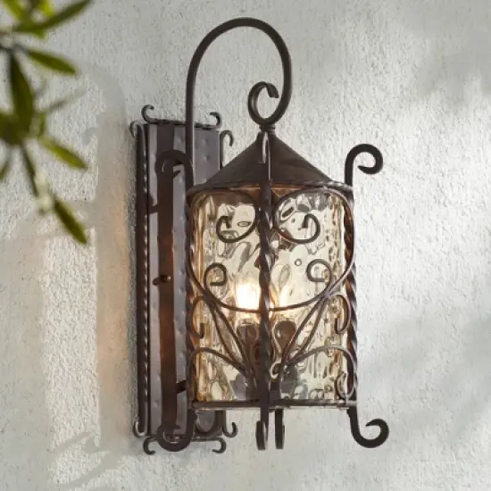 John Timberland Casa Seville Vintage Rustic Outdoor Wall Light Fixture Dark Walnut Scroll 23 3/4" Champagne Hammered Glass for Post Exterior Barn Deck image {1}