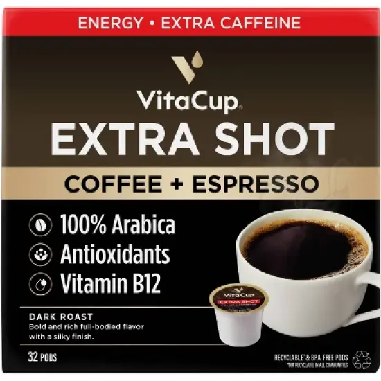 VitaCup Extra Shot Coffee Pods w/Espresso shot for High Caffeine - 32ct image {6}