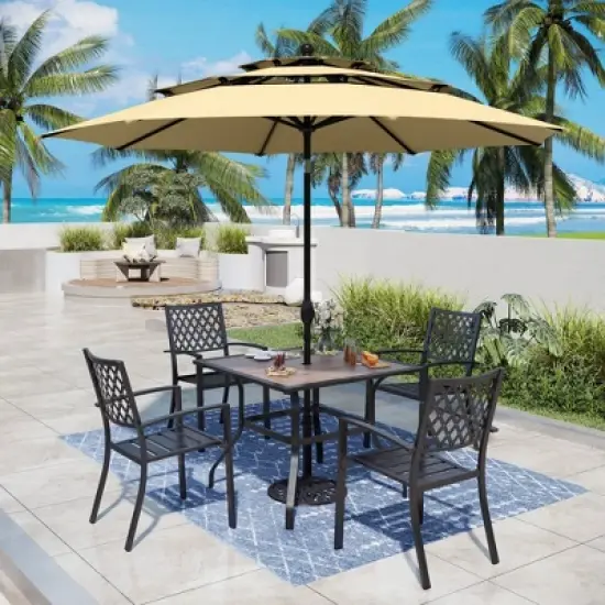 Captiva Designs 6pc Patio Square Table with Steel Frame & Stackable Fixed Chairs & 10ft 3 Tier Auto-tilt Umbrella image {15}