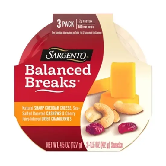 Sargento Balanced Breaks Natural Sharp Cheddar, Sea-Salted Cashews & Cherry Juice-Infused Dried Cranberries - 4.5oz/3ct image {7}