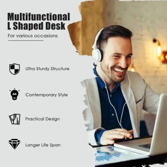 Costway L-Shaped Corner Computer Desk Writing Table Study Workstation w/ Drawers Storage Black image {5}