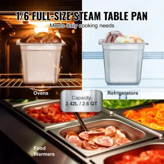 VEVOR 6 Pack Hotel Pans, 1/6  Size Anti-Jam Steam Pan, 0.8mm Thick Stainless Steel Restaurant Steam Table Pan, 6-Inch Deep Commercial Table Pan image {3}
