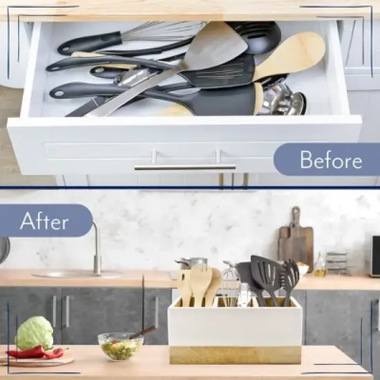 AuldHome Wood/Enamel Utensil Holder, Mango Wood 3-Compartment Farmhouse Cooking Caddy or Spoons/Forks/Knives Storage image {5}