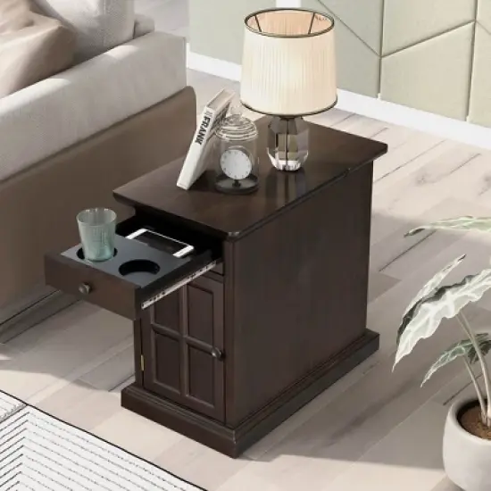 Classic Vintage End Table with USB Ports and a Multipurpose Drawer with Cup Holders - ModernLuxe image {1}