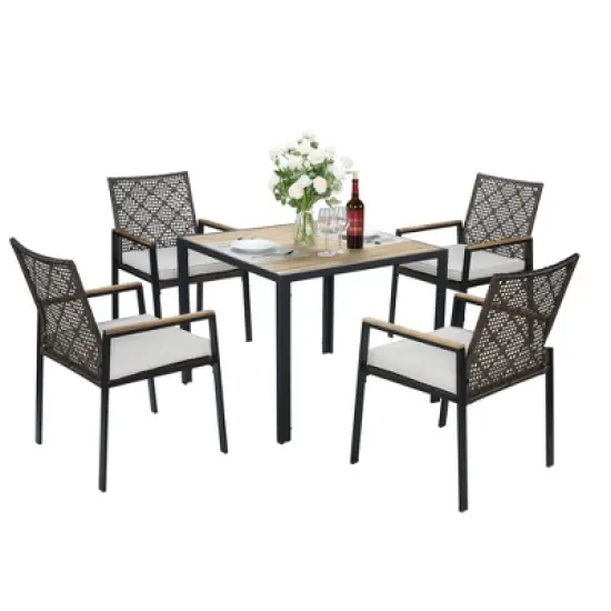 FIONECA All-Weather 5-Piece Patio Dining Set with Acacia Wood Table Top & Umbrella Hole, Coffee Brown Rattan Outdoor Conversation Set image {11}
