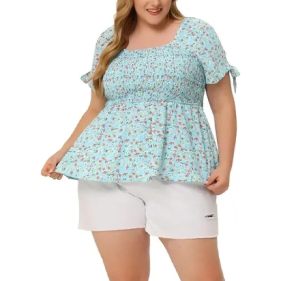 Agnes Orinda Women's Plus Size Floral Square Neck Smocked Bow Tie Short Sleeve Peplum Blouse image {5}