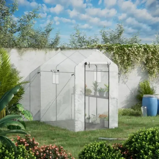 Outsunny 47.25" x 73.25" x 74.25" Walk-in Greenhouse, Outdoor Portable Plant Growing Area with Mesh Protected Roll-up Door & Window, 4 Shelves, White image {2}