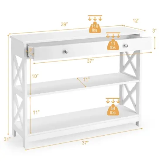Costway 3-Tier Console Table X-Design Sofa Entryway Table with Drawer & Shelves Gray\ Espresso image {1}