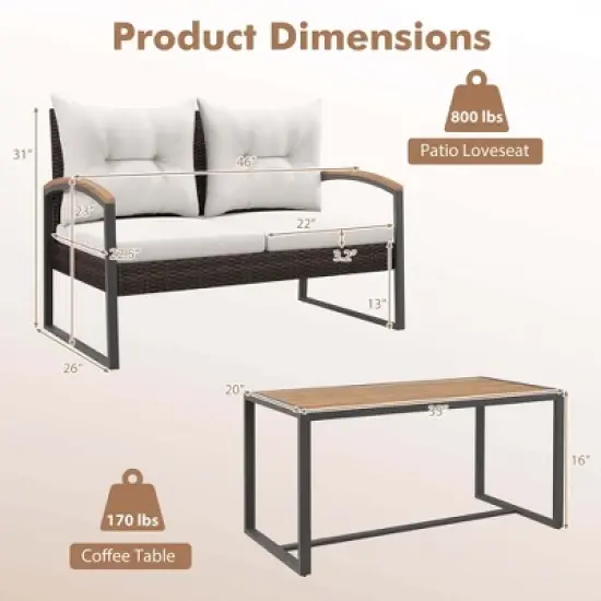 Tangkula Set of 2 Wicker Patio Furniture - Rattan Loveseat 2-Seater Small Couch w/Acacia Wood Coffee Table & Cushions Conversation Sofa Set image {4}