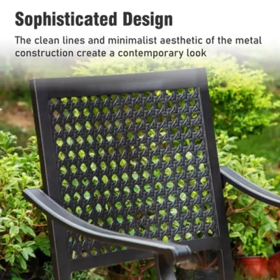 Captiva Designs 7pc Patio Wood-look Steel Dining Table with Umbrella Hole & Stackable Chairs with Bull's Eye Pattern image {7}