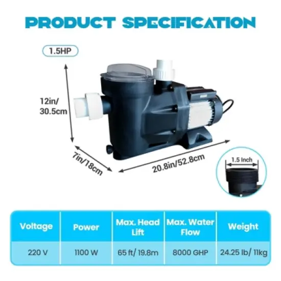1.5 HP Swimming Pool Pump Above Ground/Inground, 220V, 8000 GPH High-Flow, 1100W High-Efficiency Swimming Pool Pump image {1}