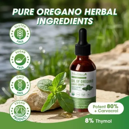 Mulittea Oregano Oil Liquld Drops &ndash; 80% Carvacrol, Black Seed & Vitamin E | Immune, Digestive & Antioxidant Support | 2 fl oz image {3}