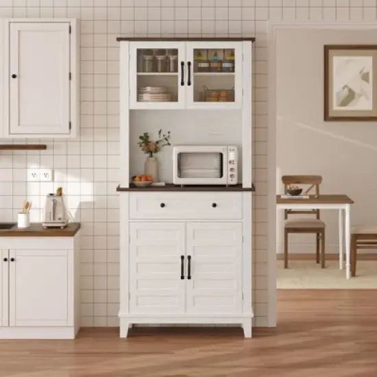 Kitchen Pantry, 72" Farmhouse Coffee Bar Table with Storage Drawers & Glass Doors image {7}