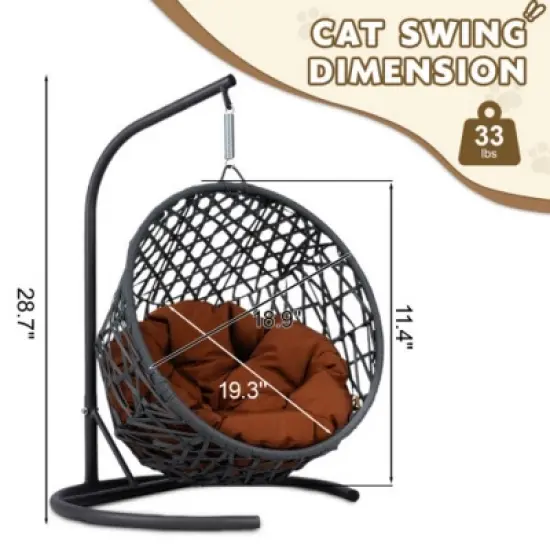 Indoor & Outdoor Hanging Wicker Cat Bed with Stand and Cushion, Egg Chair Style Swing for Small Pets-The Pop Home image {2}