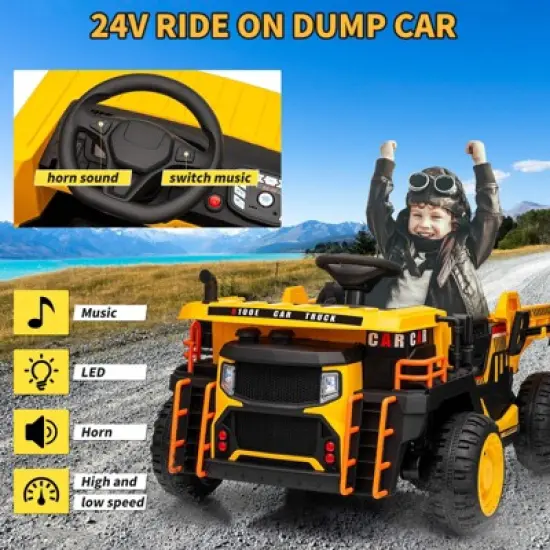 Garvee 24V 2-Seater Ride-On Dump Truck for Kids, Electric Construction Vehicle with Remote Control,Motorized Dump Bed, Shovel,LED Lights,Music,Yellow image {2}