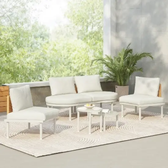 FIONECA 6-Piece Half Moon Outdoor Sectional Sofa Set with 2 Coffee Tables, PE Wicker Patio Furniture with Cushions & Pillows, Beige image {16}