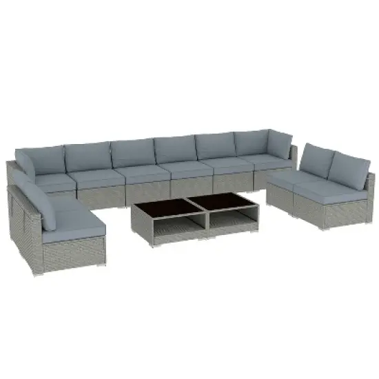 GDFStudio Hilary Outdoor 10-Seater Rattan and Metal Upholstered&nbsp;Sectional Sofa Set with Coffee Table image {1}