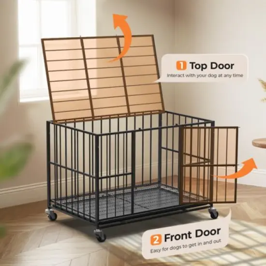 XBRIGH round tube lightweight dog crate with wheels for mobility, sturdy door locks, double doors and removable tray design image {1}