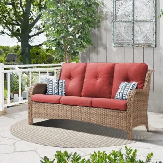 POCASSY 74" Wide Outdoor Sofa Patio Couch, All Weather Yellow Wicker 3-Seater Outdoor Furniture Sofa with Comfort Thick Cushion for Porch Deck Balcony image {11}