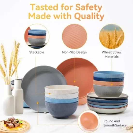 Itopfox 56-Piece Black Wheat Straw Dinnerware Set, Unbreakable Plates, Bowls, Cups & Utensils, Microwave & Dishwasher Safe, Reusable for Home, Office image {3}