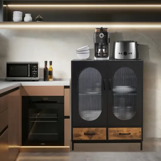 Costway Kitchen Storage Cabinet Freestanding Buffet Sideboard w/ 2 Glass Doors & Drawers image {4}