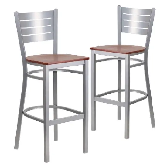 Emma and Oliver 2 Pack Silver Slat Back Metal Restaurant Barstool image {2}