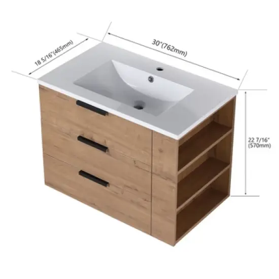 30" Floating Bathroom Vanity with Resin Sink, 30 Inch Single Sink Wall Mounted Bathroom Vanity with 3 Drawers image {4}