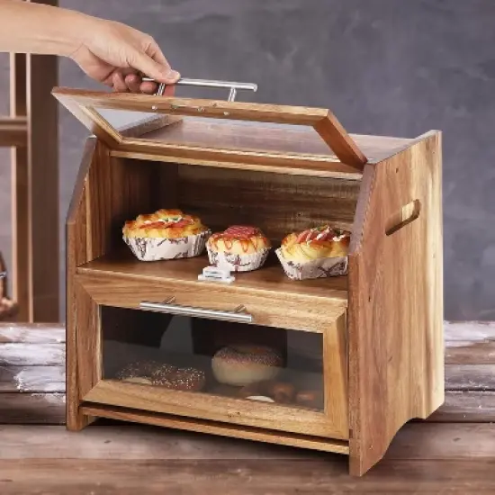 Countertop Bread Box Double Layer Wooden Corner Bread Storage Container image {6}