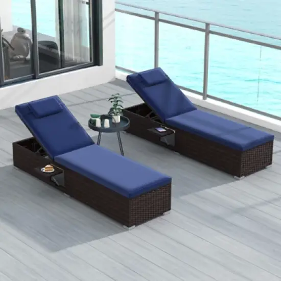 Costway 1/2 PCS Patio Chaise Lounge with 6-level Backrest Comfy Seat Cushion & Headrest Backyard Navy image {3}