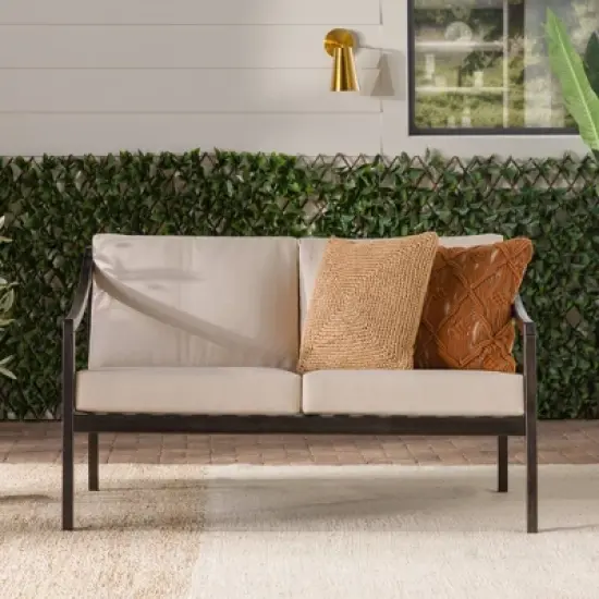 Saracina Home Mid-Century Modern Slatted Acacia Outdoor Bench with Cushions 
 image {2}