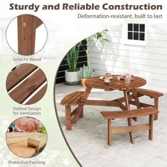 Tangkula 6-Person Round Picnic Table Set w/ 3 Built-in Benches 2" Umbrella Hole image {5}