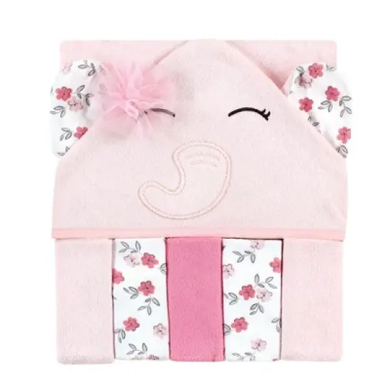Hudson Baby Infant Girl Hooded Towel and Five Washcloths, Floral Pretty Elephant, One Size image {2}