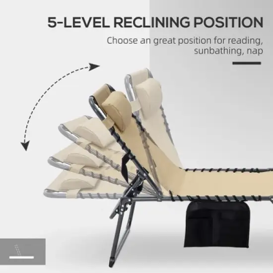 TIRAMISUBEST Folding Chaise Lounge Chair with 5 Adjustable Positions, Face Hole & Side Pocket for Beach/Patio/Yard, Beige image {5}