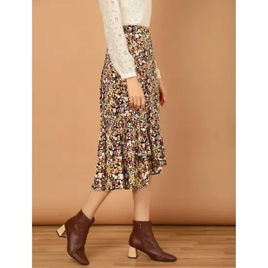 Allegra K Women's Summer Floral Elastic Waist High Low Ruffle Hem Midi Skirts image {3}