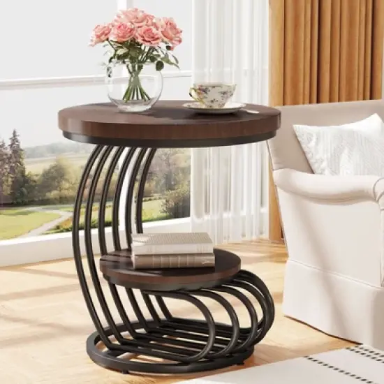 Tribesigns 2-tier Round End Table, Side Table with Storage Shelf, Metal Arc-Shaped Frame Accent Table for Living Room, Bedroom image {1}