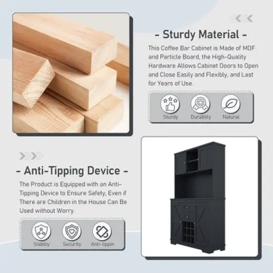 Gulches Timeless Multi Functional Coffee and Wine Bar Cabinet Open Shelves, 9 Grid Bottle Holders, 6 Hooks and Durable Build image {7}