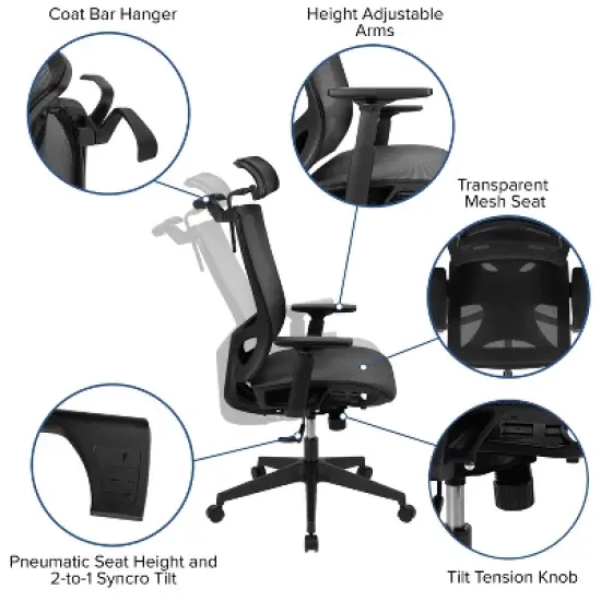 Flash Furniture Ergonomic Black Mesh Office Chair-Synchro-Tilt, Pivot Headrest, Adjustable Arms image {4}