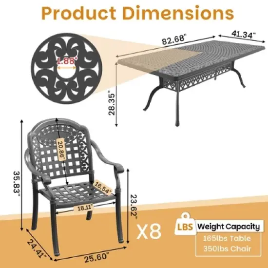 9-Piece Cast Aluminum Outdoor Dining Set: Rectangle Table, Stackable Chairs & Blue Cushions - All-Weather Patio Furniture for Your Backyard image {5}