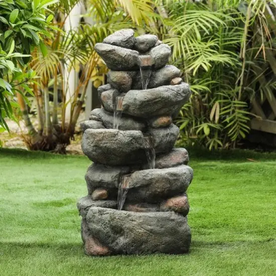 LuxenHome 33.5" H Gray Resin Cascading Rock Outdoor Fountain image {1}