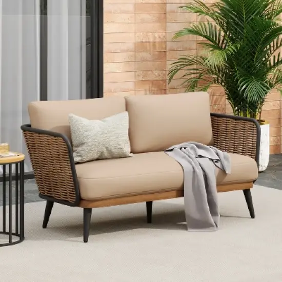 Christopher Knight Home Bobby 58" Patio Rustic Iron and Rattan Loveseat with Cushions image {8}