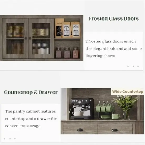 Homhougo 71" Freestanding Pantry Cabinet with Microwave Stand, Adjustable Shelves & Drawers, Farmhouse Hutch, Grey image {3}