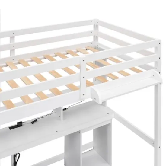 Loft Bed with Multi-Function Storage Table, LED Lights, Bedside Tray and Charging Station, White - ModernLuxe image {9}