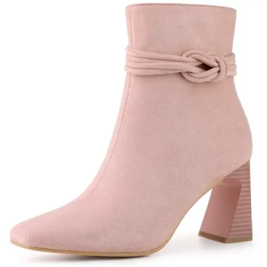 Allegra K Women's Knot Decor Square Toe Side Zip Chunky Heels Ankle Boots image {7}