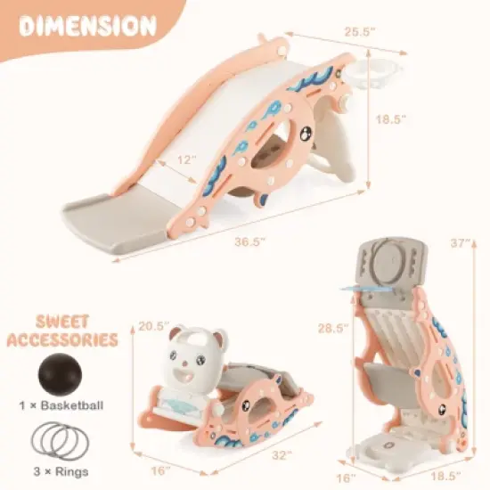 Costway 4-in-1 Kids Slide Rocking Toy Slide Rocking Horse w/Basketball Hoop Rings Pink\Green image {9}